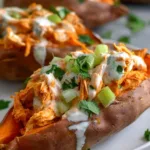 Overhead view of four buffalo chicken stuffed sweet potatoes drizzled with skinny blue cheese sauce on a lined baking sheet