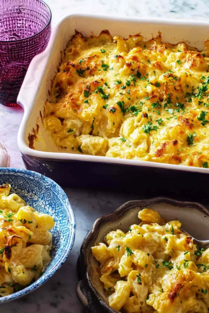 Golden cheesy chicken casserole bubbling in a baking dish fresh out of the oven