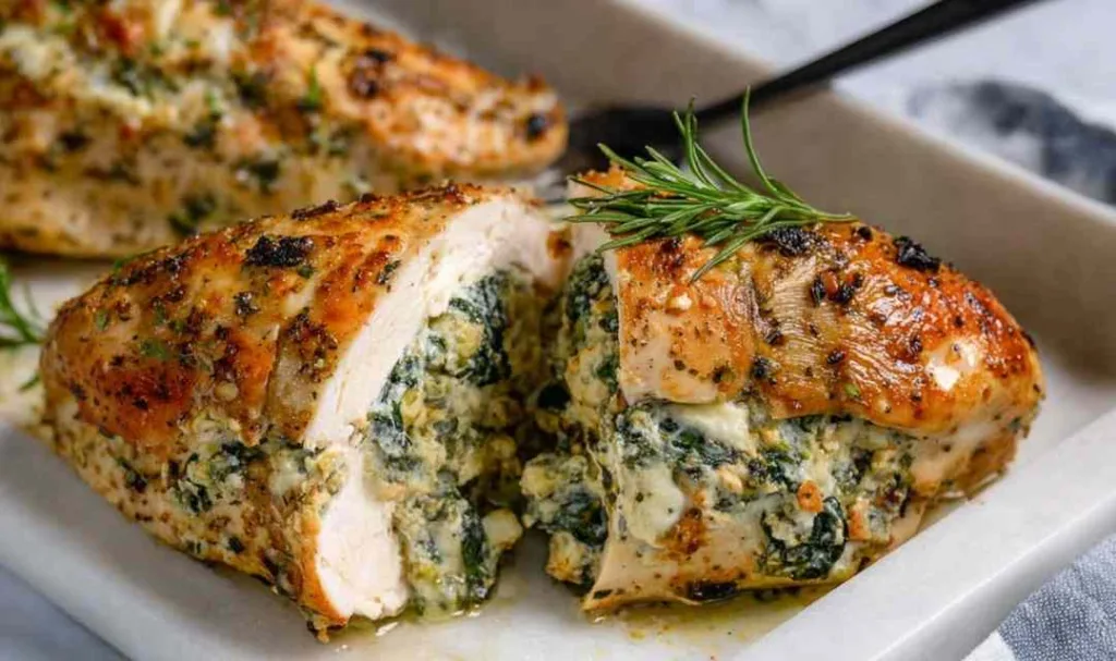 Cheesy spinach stuffed chicken breast seared golden in a cast iron skillet ready to serve