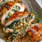 Cheesy spinach stuffed chicken breast seared golden in a cast iron skillet ready to serve