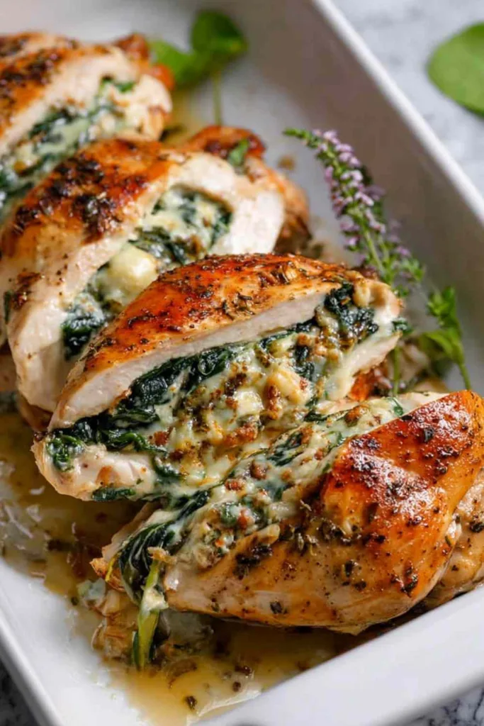 Cheesy spinach stuffed chicken breast seared golden in a cast iron skillet ready to serve