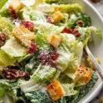 Classic chicken Caesar salad with homemade dressing, garlic croutons, and crispy bacon in a white bowl