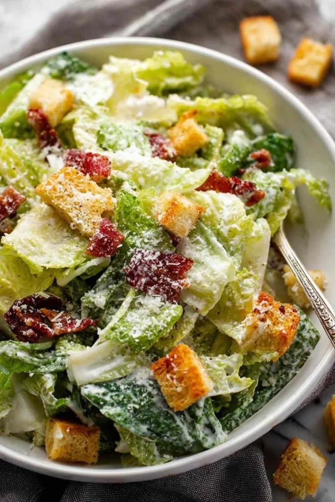 Classic chicken Caesar salad with homemade dressing, garlic croutons, and crispy bacon in a white bowl