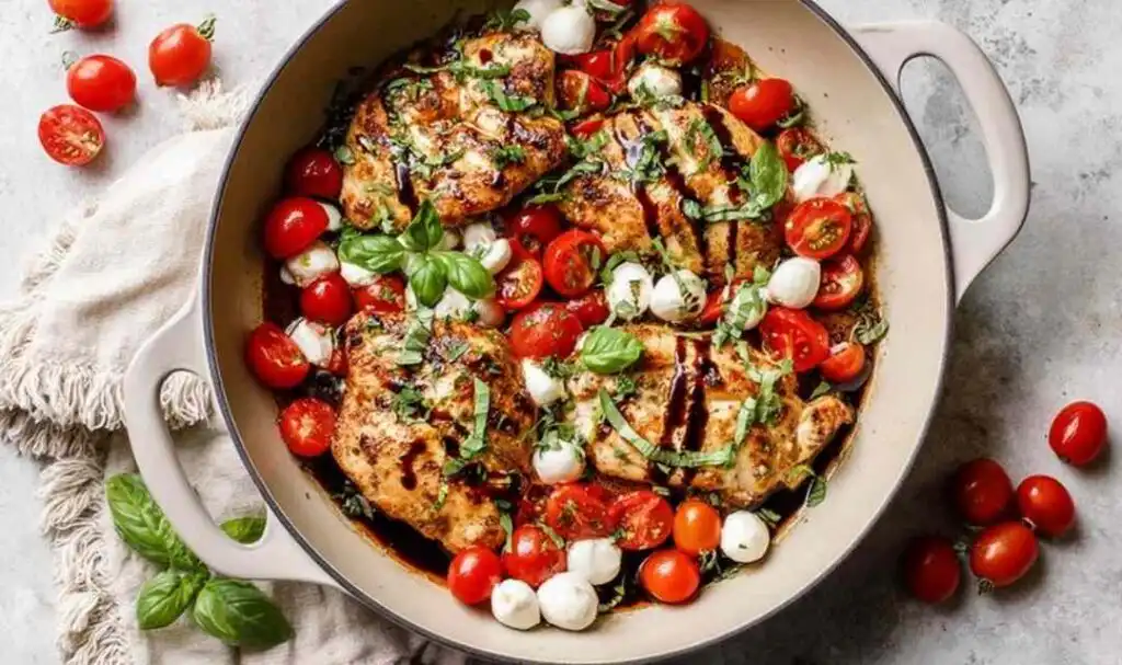 Caprese Chicken Skillet with golden seared chicken, melted mozzarella pearls, fresh tomatoes, and balsamic glaze in a cast iron skillet topped with fresh basil
