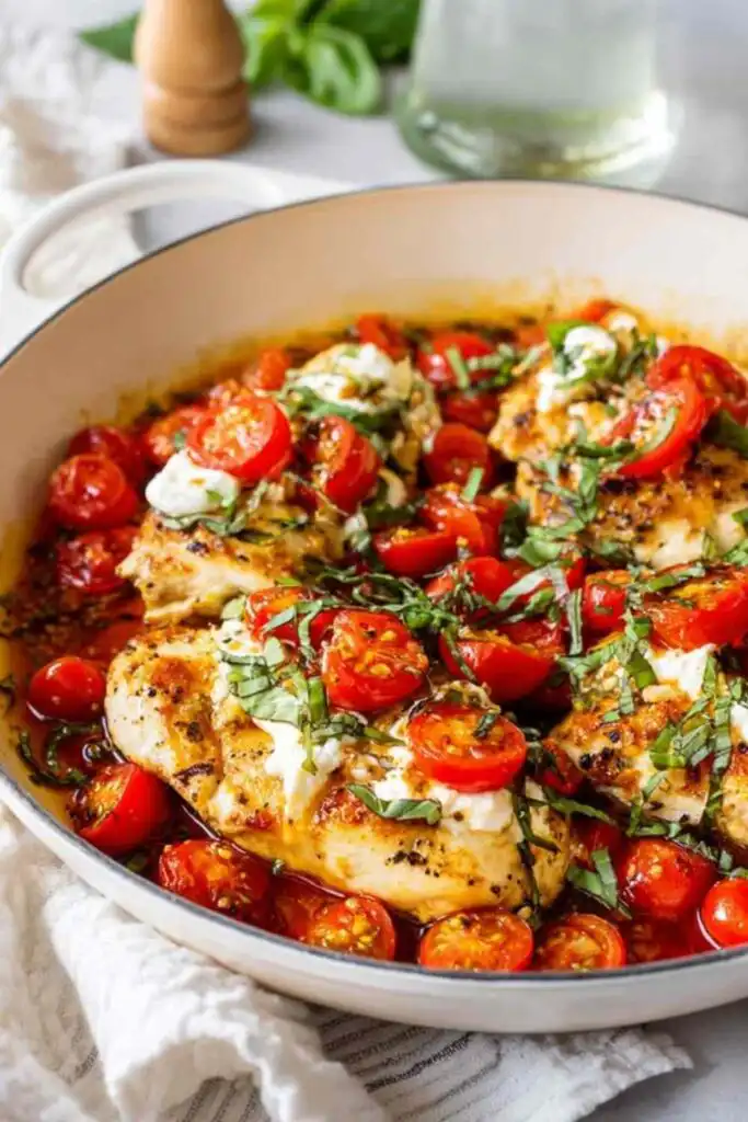 Caprese Chicken Skillet with golden seared chicken, melted mozzarella pearls, fresh tomatoes, and balsamic glaze in a cast iron skillet topped with fresh basil