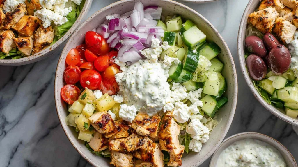 Chicken Gyro Bowl with marinated chicken, tzatziki sauce, crumbled feta, cherry tomatoes, kalamata olives, and brown rice