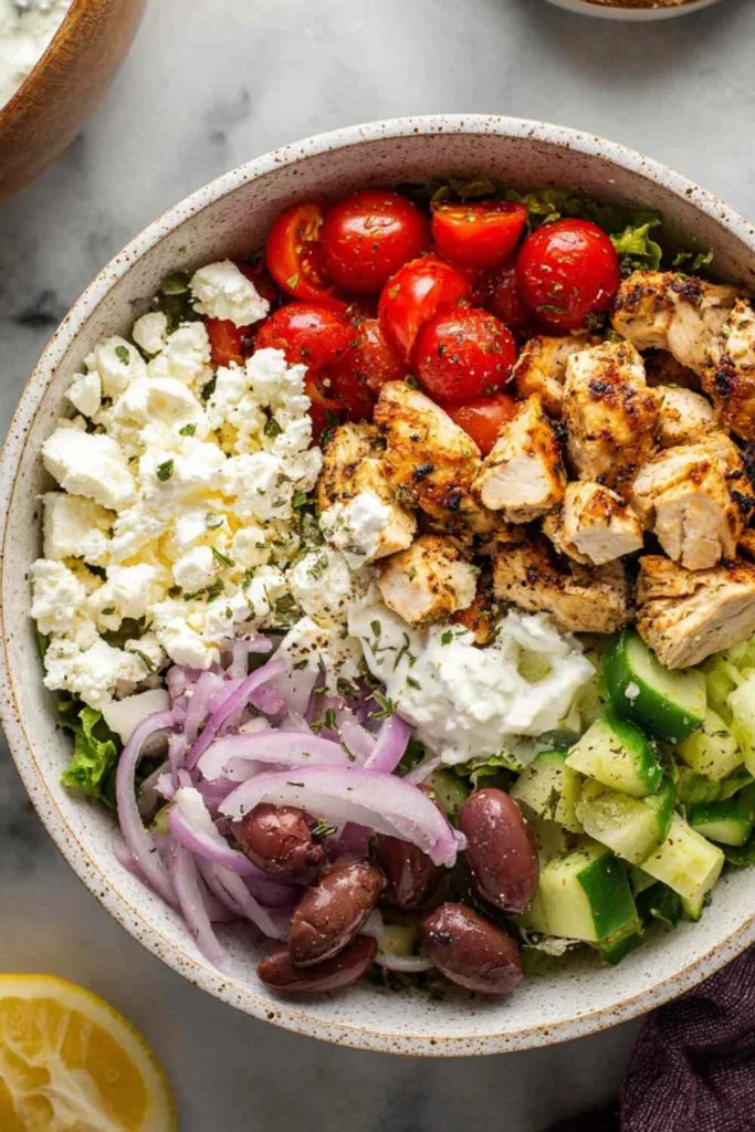Chicken Gyro Bowl with marinated chicken, tzatziki sauce, crumbled feta, cherry tomatoes, kalamata olives, and brown rice