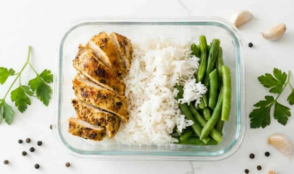 Four airtight meal prep containers filled with sliced chicken and rice meal prep bowls and steamed green beans
