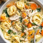 Creamy chicken tortellini soup in a white bowl topped with fresh parsley and served with a crusty baguette