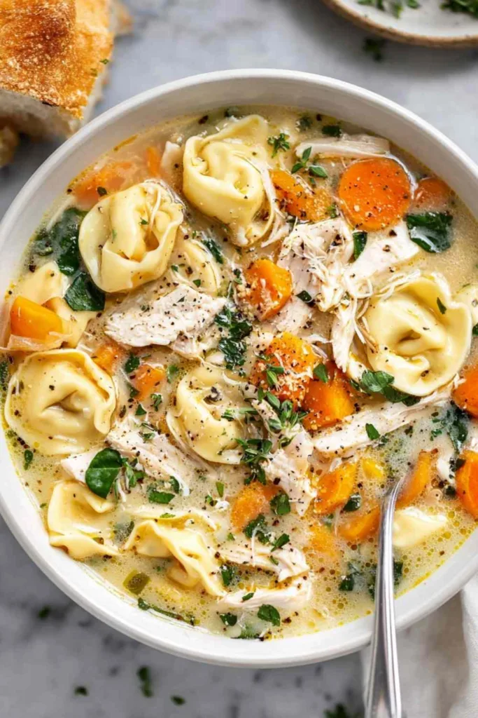 Creamy chicken tortellini soup in a white bowl topped with fresh parsley and served with a crusty baguette