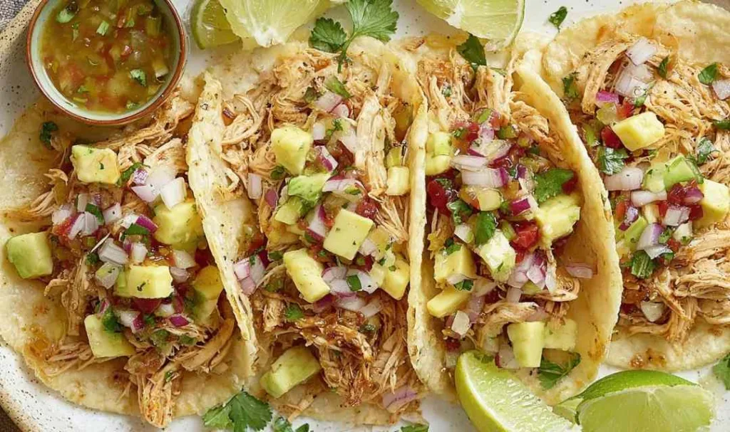 Chipotle chicken tacos topped with fresh pineapple salsa on warm corn tortillas