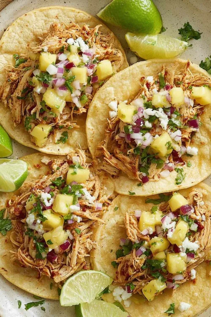 Chipotle chicken tacos topped with fresh pineapple salsa on warm corn tortillas
