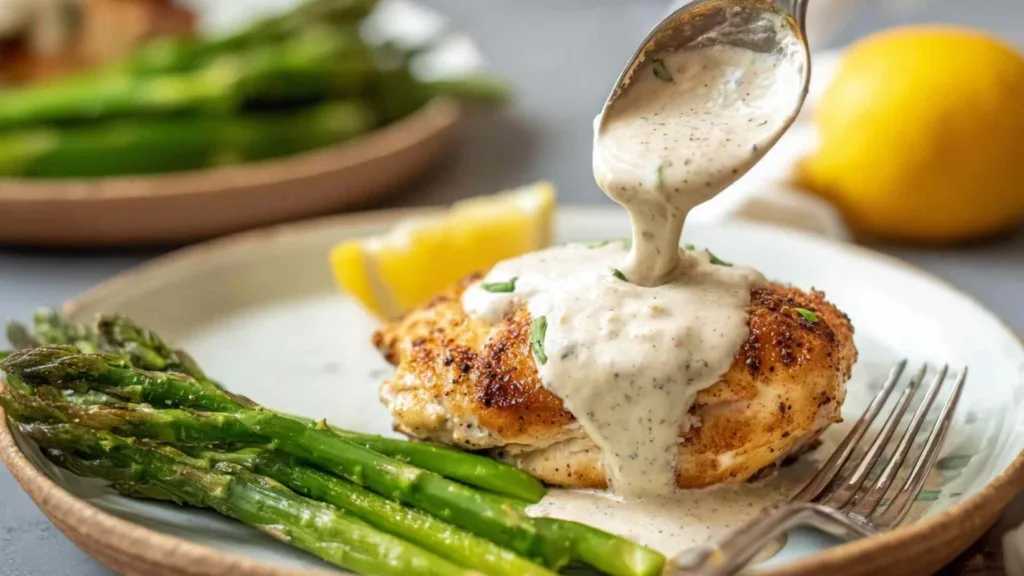 Creamy lemon chicken with asparagus in a large skillet with lemon cream sauce and fresh lemon zest on top