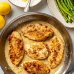 Creamy lemon chicken with asparagus in a large skillet with lemon cream sauce and fresh lemon zest on top