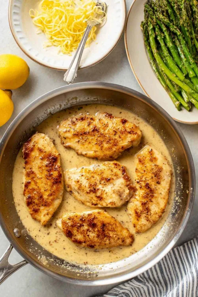 Creamy lemon chicken with asparagus in a large skillet with lemon cream sauce and fresh lemon zest on top