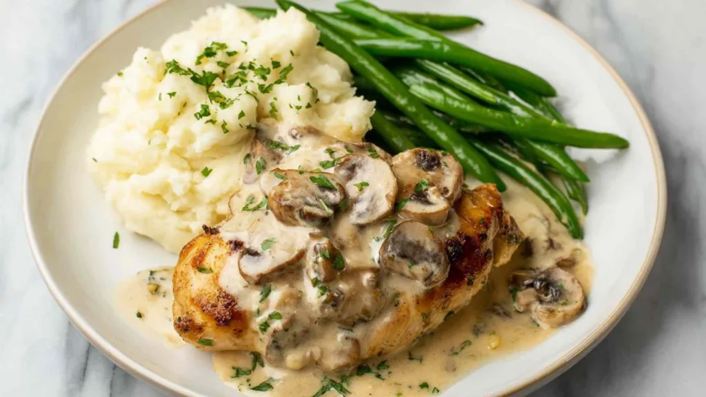 Creamy mushroom chicken in a cast iron skillet with golden seared chicken cutlets and thick garlic cream sauce