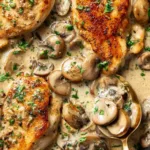 Creamy mushroom chicken in a cast iron skillet with golden seared chicken cutlets and thick garlic cream sauce