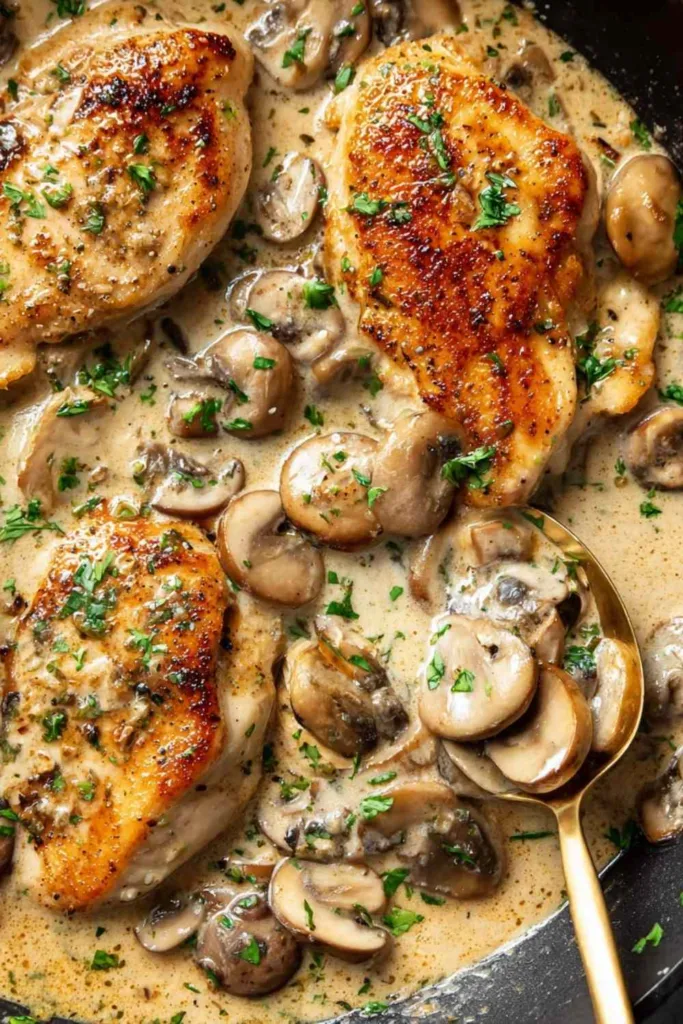 Creamy mushroom chicken in a cast iron skillet with golden seared chicken cutlets and thick garlic cream sauce