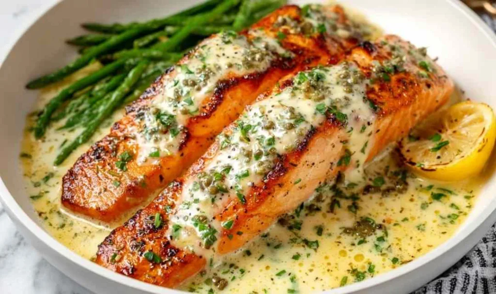 Creamy garlic butter salmon fillets in a cast iron pan covered in Parmesan cream sauce and topped with fresh parsley