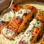Creamy garlic butter salmon fillets in a cast iron pan covered in Parmesan cream sauce and topped with fresh parsley