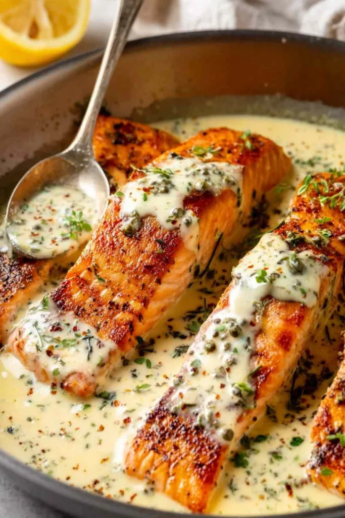 Creamy garlic butter salmon fillets in a cast iron pan covered in Parmesan cream sauce and topped with fresh parsley