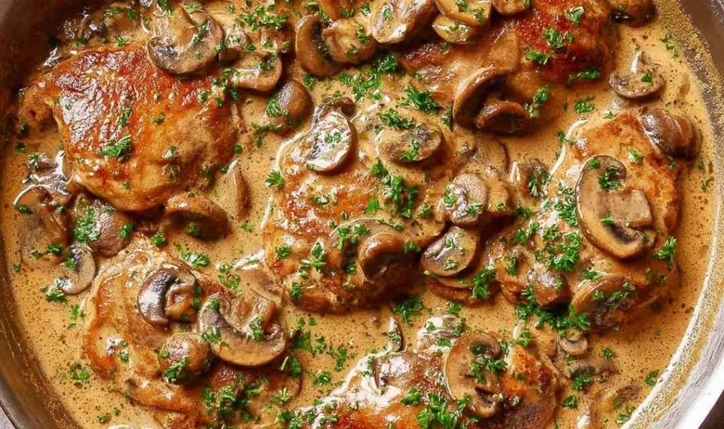 Creamy mushroom garlic chicken thighs in a cast iron skillet garnished with fresh parsley