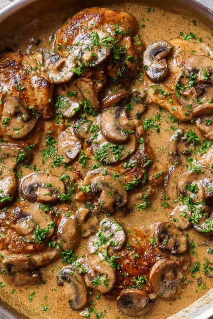 Creamy mushroom garlic chicken thighs in a cast iron skillet garnished with fresh parsley