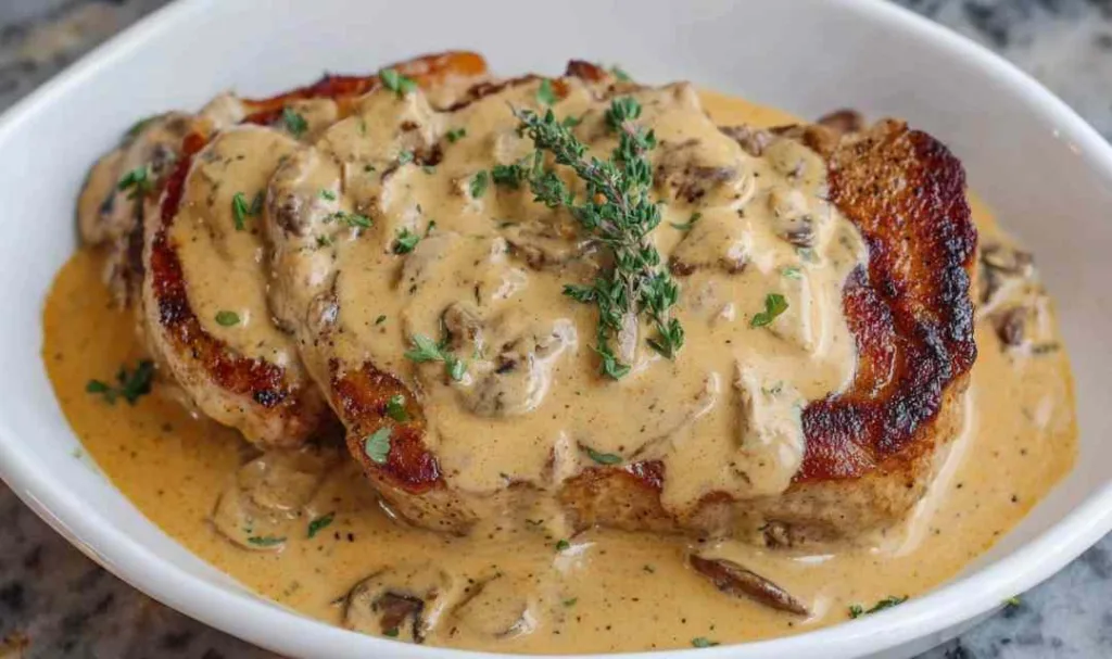 Creamy smothered pork chops on a white serving platter garnished with fresh parsley