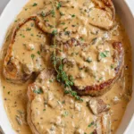 Creamy smothered pork chops on a white serving platter garnished with fresh parsley
