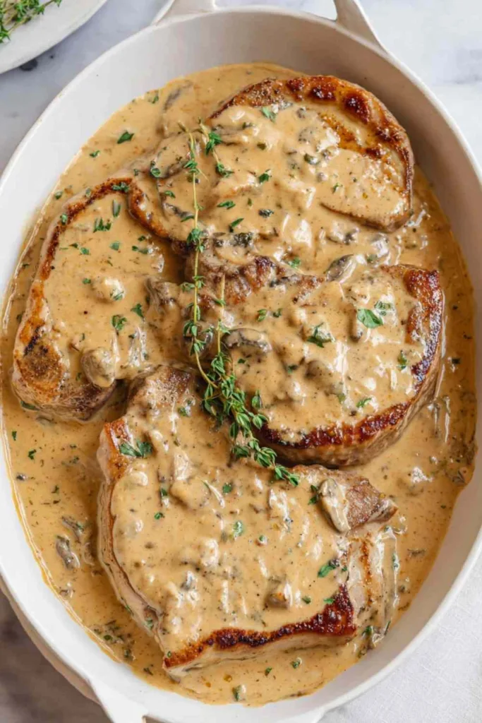 Creamy smothered pork chops on a white serving platter garnished with fresh parsley