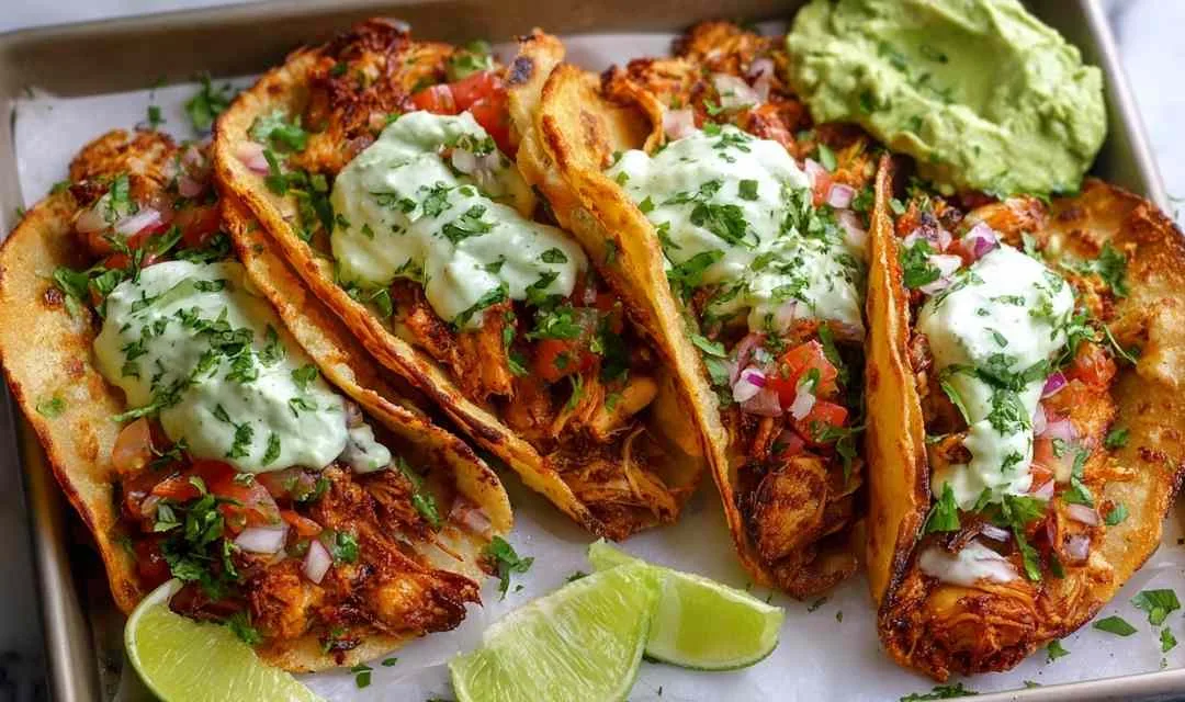 Crispy Chicken Carnitas Tacos with Avocado Cilantro Lime Sauce
