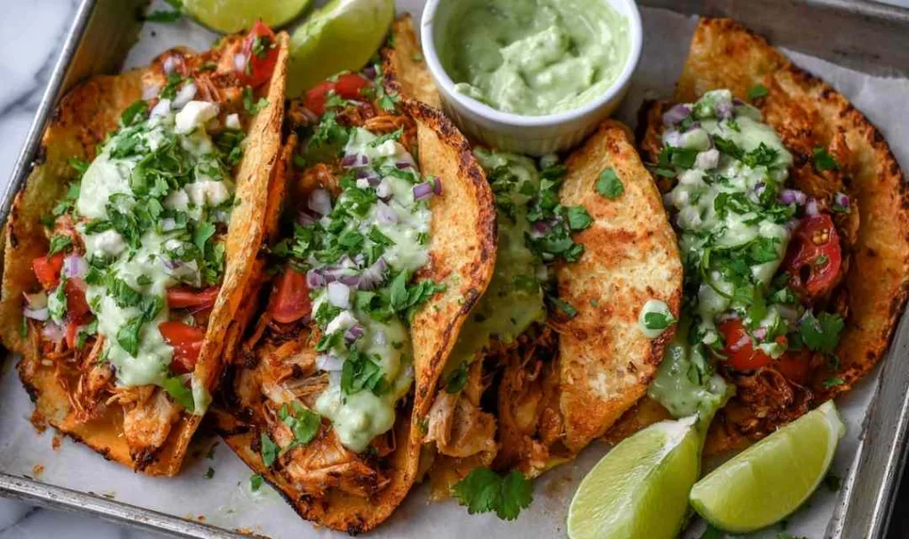 Crispy chicken carnitas tacos on a wooden board drizzled with avocado cilantro lime sauce