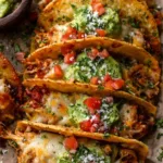 Crispy chicken carnitas tacos on a wooden board drizzled with avocado cilantro lime sauce