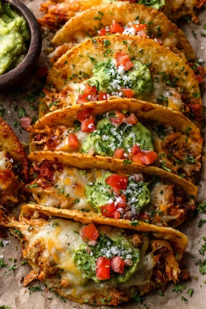 Crispy chicken carnitas tacos on a wooden board drizzled with avocado cilantro lime sauce