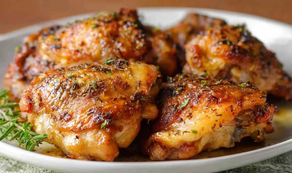 Crispy baked chicken thighs with golden skin served on a white plate with roasted potatoes and green beans