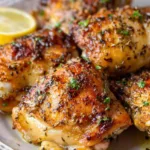 Crispy baked chicken thighs with golden skin served on a white plate with roasted potatoes and green beans