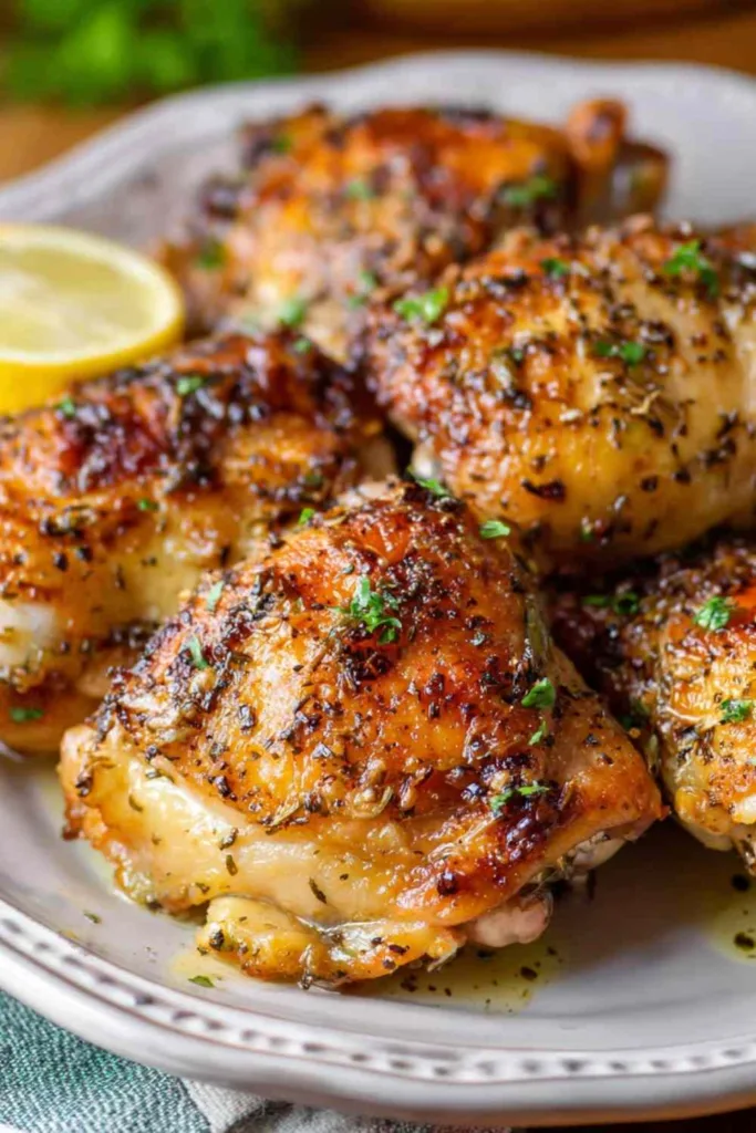 Crispy baked chicken thighs with golden skin served on a white plate with roasted potatoes and green beans