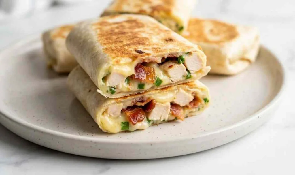 Crispy chicken bacon ranch wraps cut in half and stacked on a wood cutting board