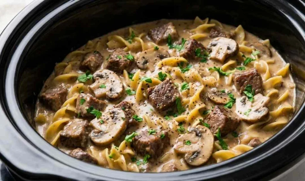 Crock pot beef stroganoff with tender beef and mushrooms in a rich creamy sauce inside a slow cooker