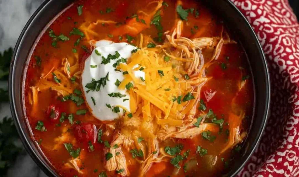 A warm bowl of crock pot chicken fajita soup topped with sour cream, shredded cheddar, and fresh cilantro