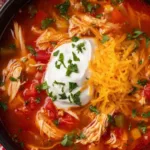 A warm bowl of crock pot chicken fajita soup topped with sour cream, shredded cheddar, and fresh cilantro