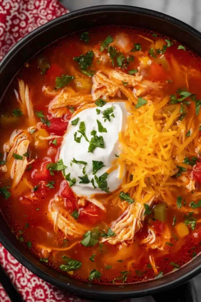A warm bowl of crock pot chicken fajita soup topped with sour cream, shredded cheddar, and fresh cilantro