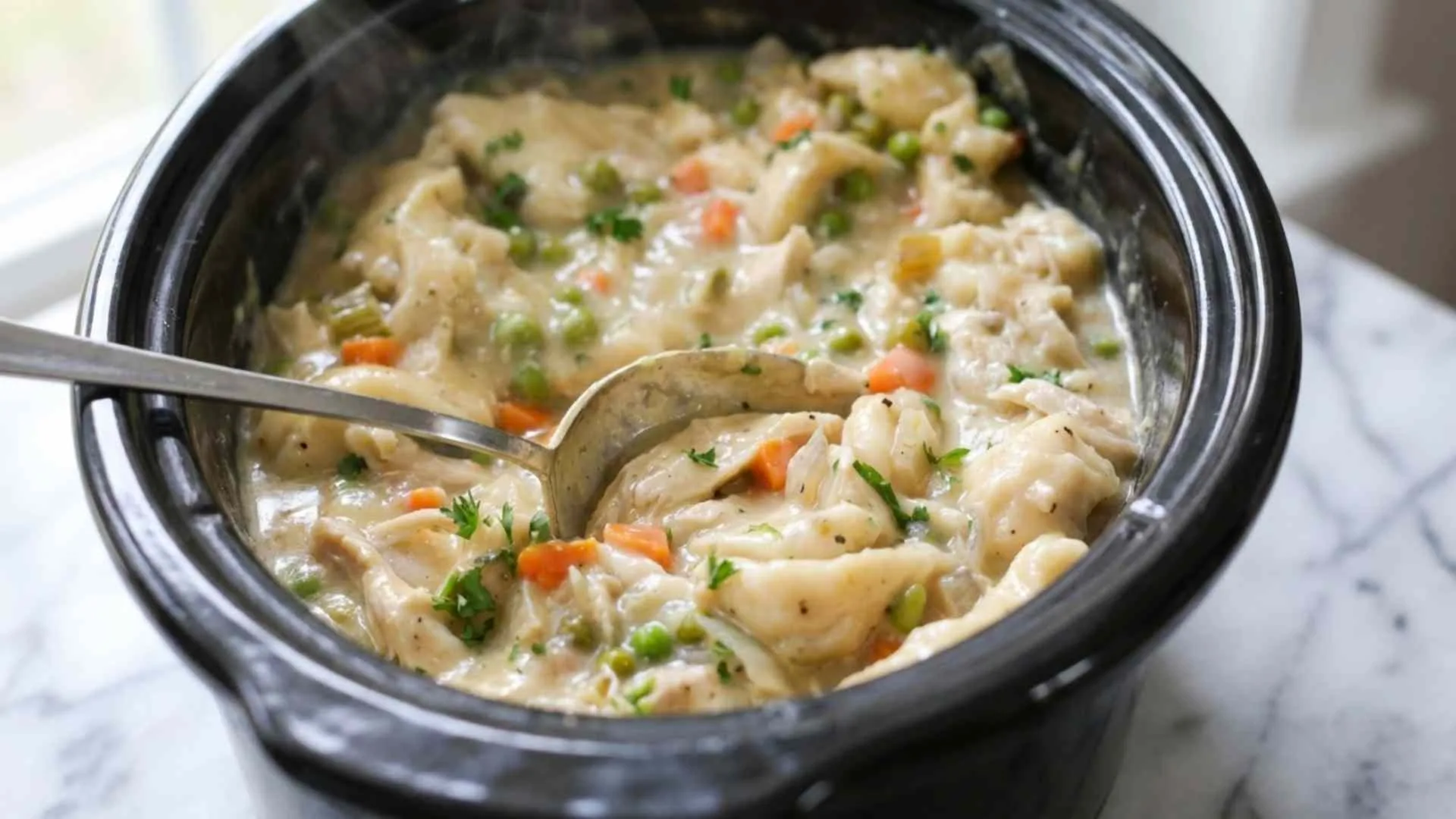 A bowl of Crock Pot Chicken and Dumplings with creamy sauce, shredded chicken, and soft biscuit dumplings garnished with fresh parsley