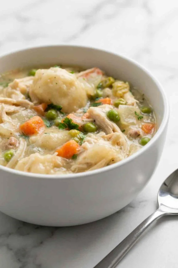 A bowl of Crock Pot Chicken and Dumplings with creamy sauce, shredded chicken, and soft biscuit dumplings garnished with fresh parsley