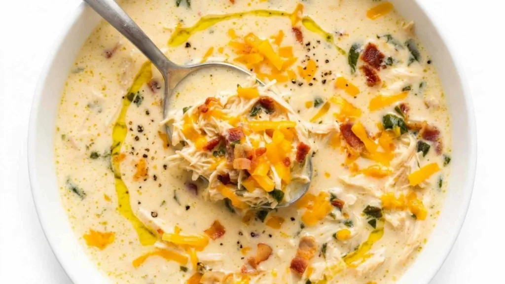 A bowl of Crock Pot Crack Chicken Soup topped with crumbled bacon and shredded cheddar cheese