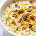 A bowl of Crock Pot Crack Chicken Soup topped with crumbled bacon and shredded cheddar cheese