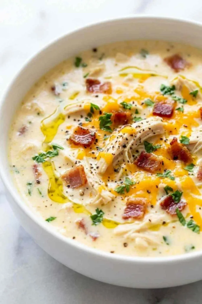 A bowl of Crock Pot Crack Chicken Soup topped with crumbled bacon and shredded cheddar cheese