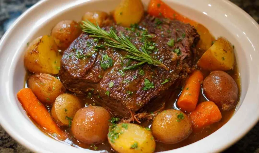 Tender crock pot roast with potatoes and carrots in a white slow cooker garnished with fresh parsley