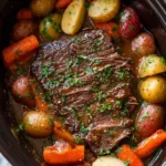 Tender crock pot roast with potatoes and carrots in a white slow cooker garnished with fresh parsley