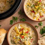 A brown bowl filled with creamy crockpot chicken corn chowder served with crusty bread and a spoon